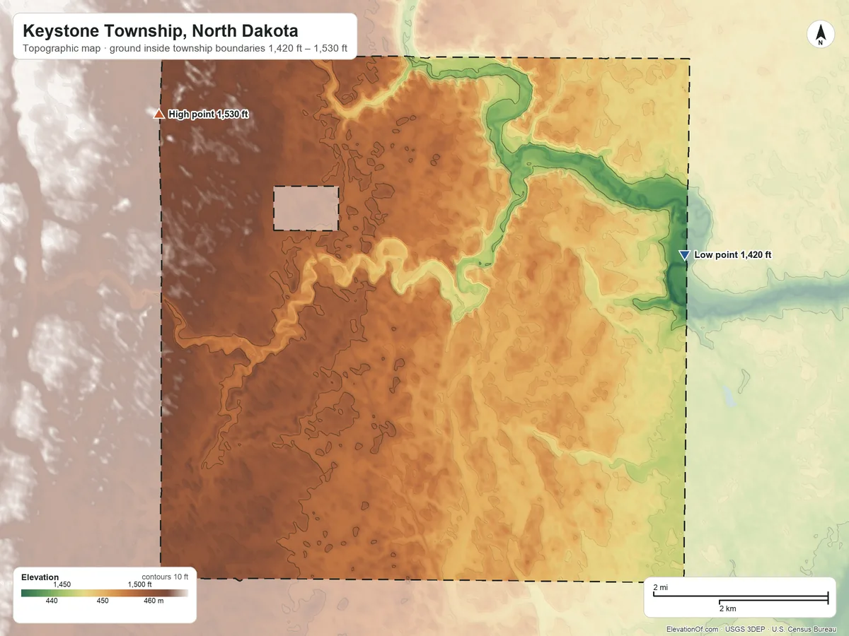 Topographic elevation map of Keystone Township, North Dakota, shaded from 1,420 ft on the east side to 1,530 ft on the northwest side