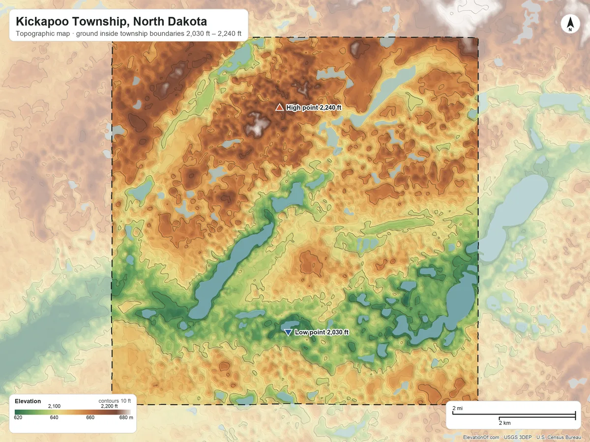 Topographic elevation map of Kickapoo Township, North Dakota, shaded from 2,030 ft on the southeast side to 2,240 ft on the north side