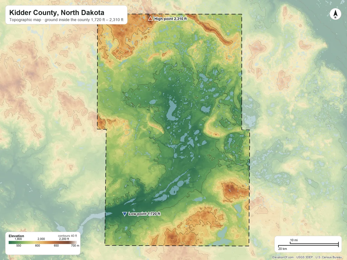 Topographic elevation map of Kidder County, North Dakota, shaded from 1,720 ft on the southwest side to 2,310 ft on the north side