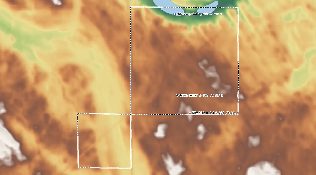 Topographic elevation map of Kief, North Dakota, shaded from 1,630 ft on the north side to 1,680 ft near the middle