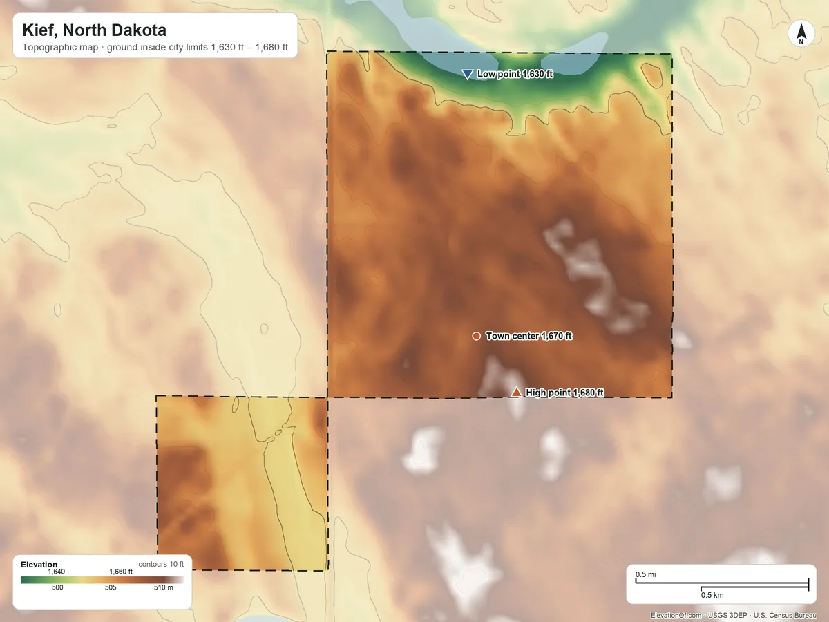 Topographic elevation map of Kief, North Dakota, shaded from 1,630 ft on the north side to 1,680 ft near the middle