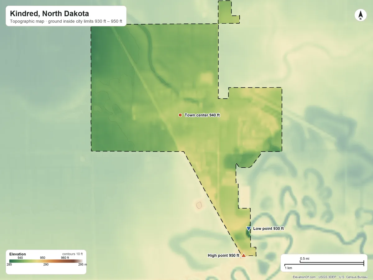 Topographic elevation map of Kindred, North Dakota, shaded from 930 ft on the southeast side to 950 ft on the southeast side