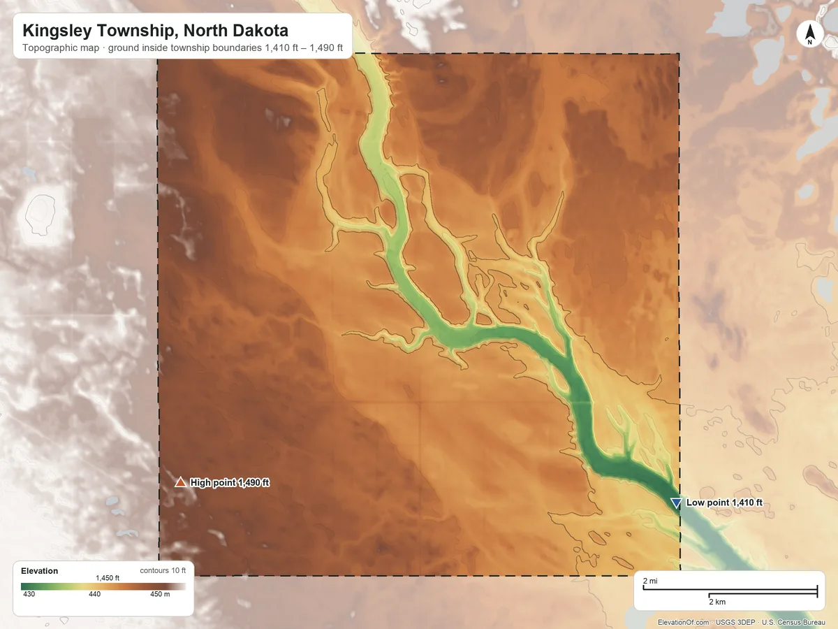 Topographic elevation map of Kingsley Township, North Dakota, shaded from 1,410 ft on the southeast side to 1,490 ft on the southwest side