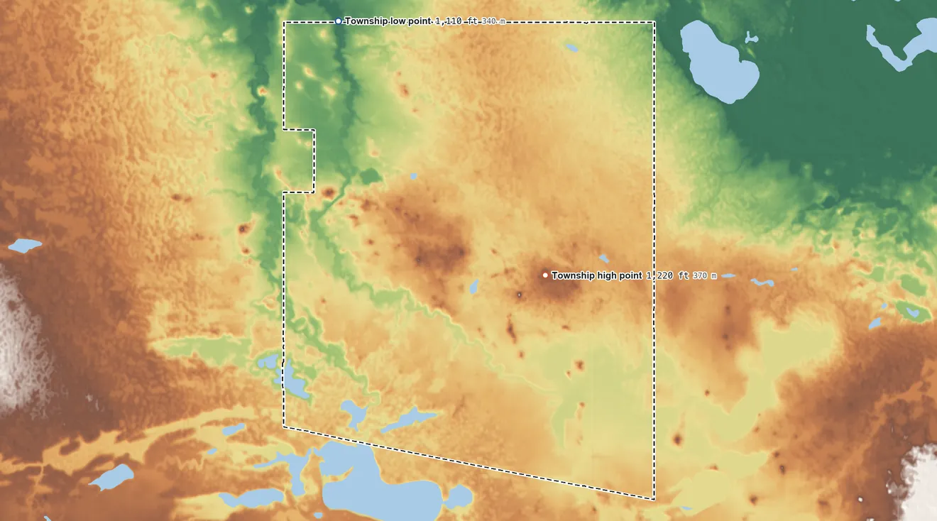 Topographic elevation map of Kingston Township, North Dakota, shaded from 1,110 ft on the northwest side to 1,220 ft on the south side