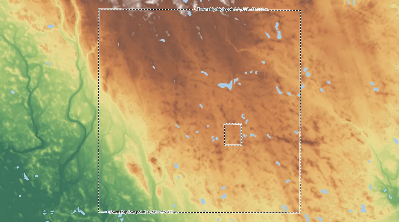 Topographic elevation map of Kinloss Township, North Dakota, shaded from 1,560 ft on the southwest side to 1,650 ft on the north side