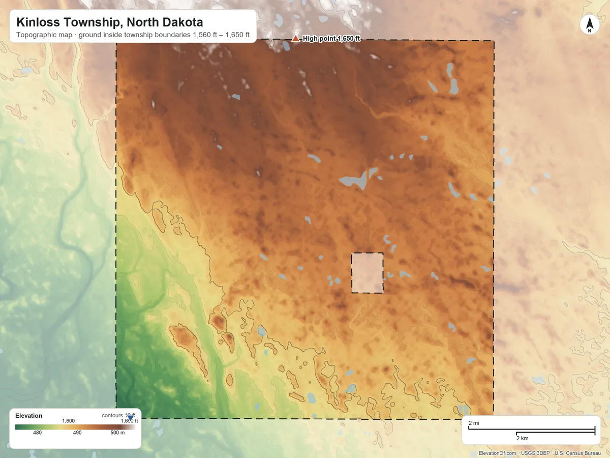 Topographic elevation map of Kinloss Township, North Dakota, shaded from 1,560 ft on the southwest side to 1,650 ft on the north side