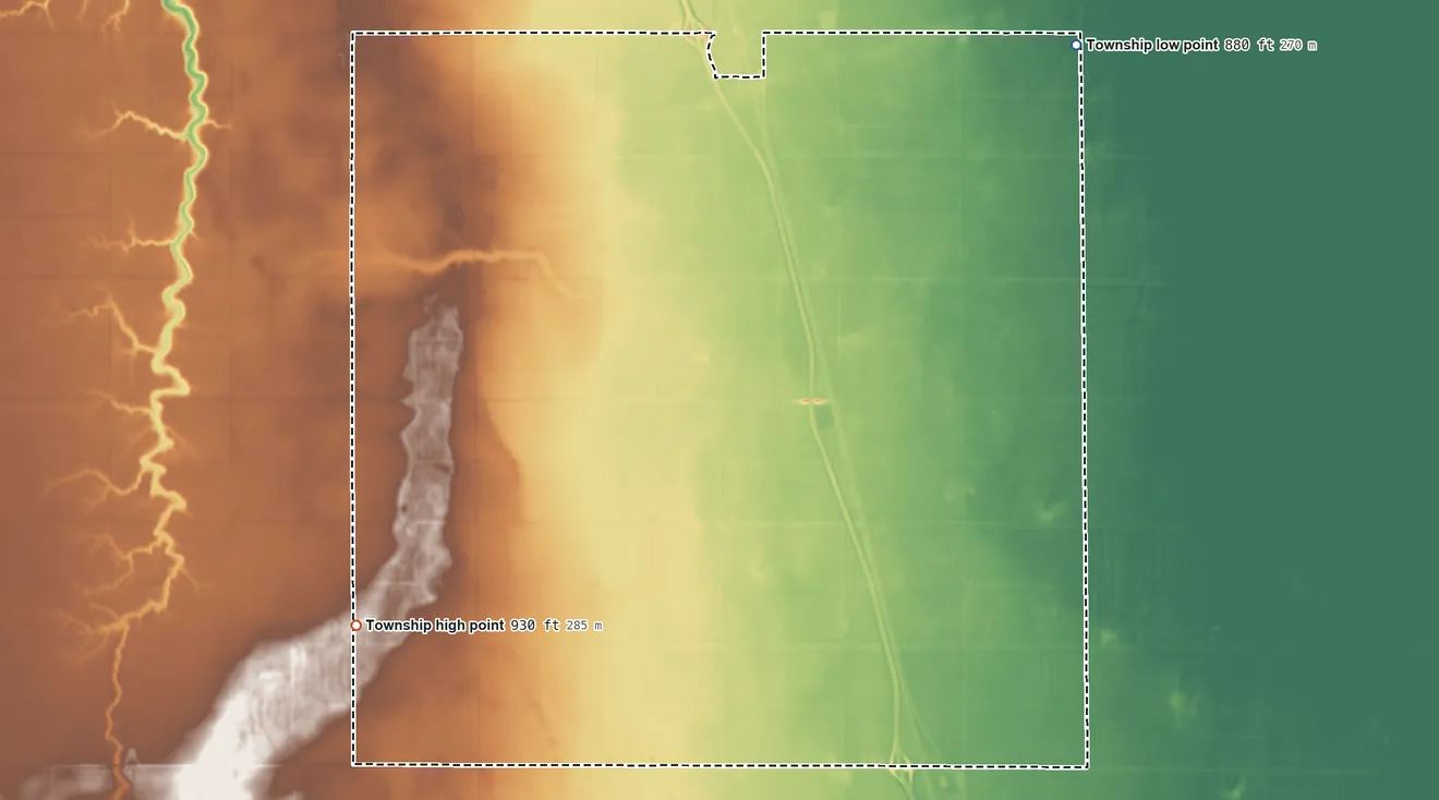 Topographic elevation map of Kinyon Township, North Dakota, shaded from 880 ft on the northeast side to 930 ft on the west side