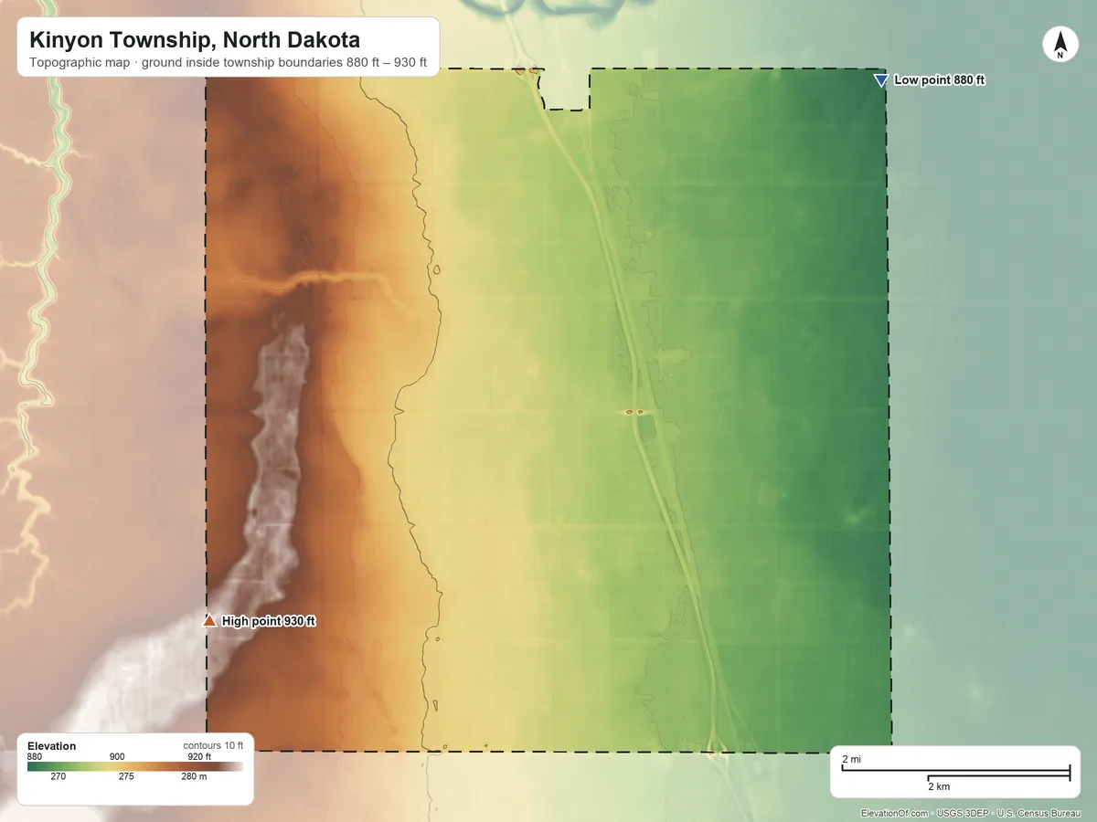 Topographic elevation map of Kinyon Township, North Dakota, shaded from 880 ft on the northeast side to 930 ft on the west side