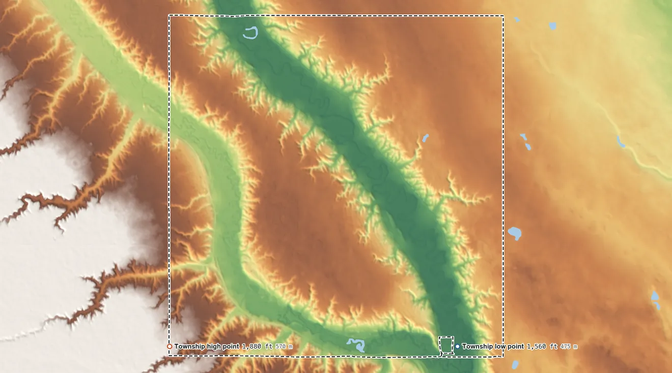 Topographic elevation map of Kirkelie Township, North Dakota, shaded from 1,560 ft on the southeast side to 1,880 ft on the west side