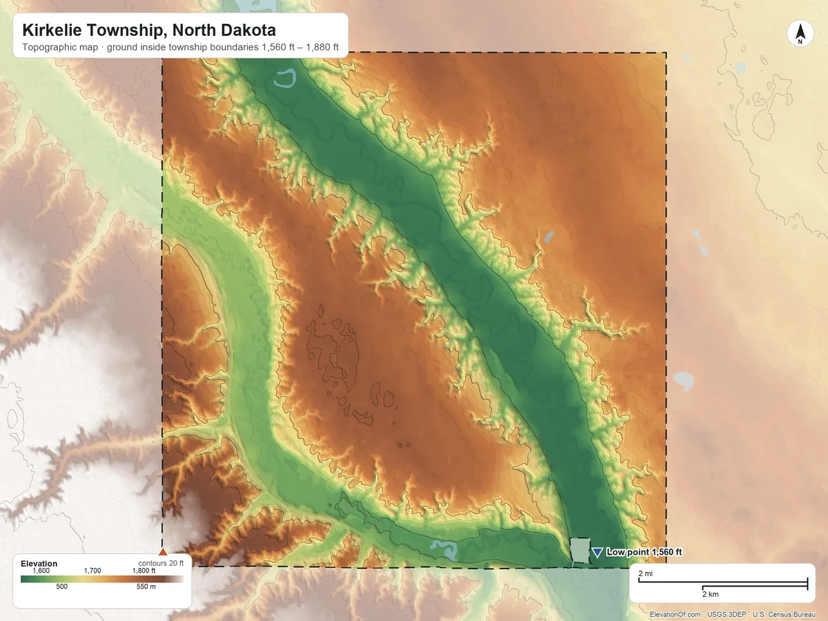 Topographic elevation map of Kirkelie Township, North Dakota, shaded from 1,560 ft on the southeast side to 1,880 ft on the west side