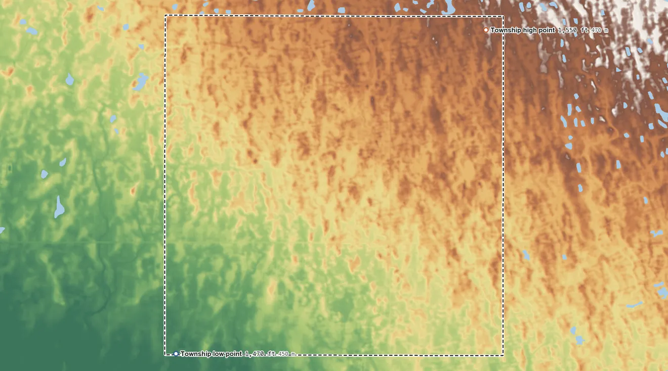 Topographic elevation map of Klingstrup Township, North Dakota, shaded from 1,470 ft on the southwest side to 1,550 ft on the northeast side
