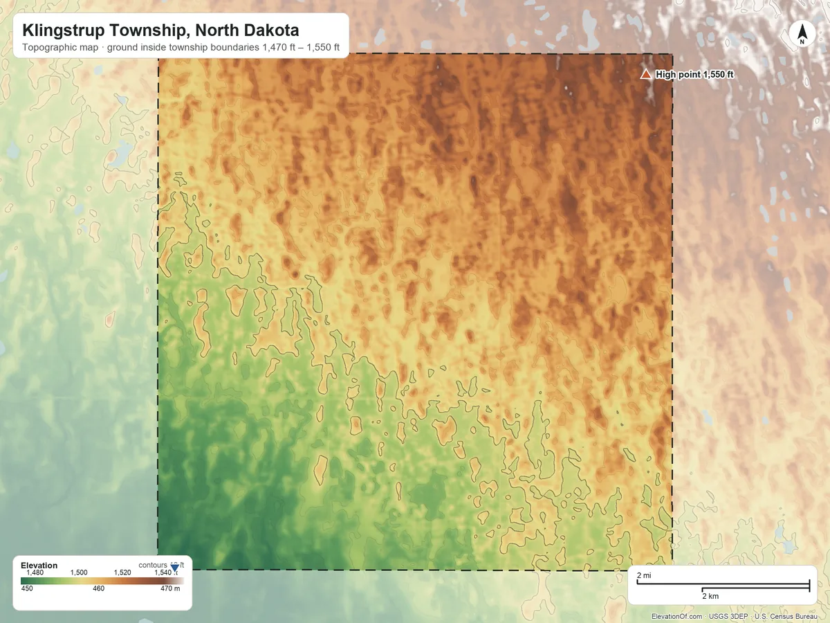 Topographic elevation map of Klingstrup Township, North Dakota, shaded from 1,470 ft on the southwest side to 1,550 ft on the northeast side