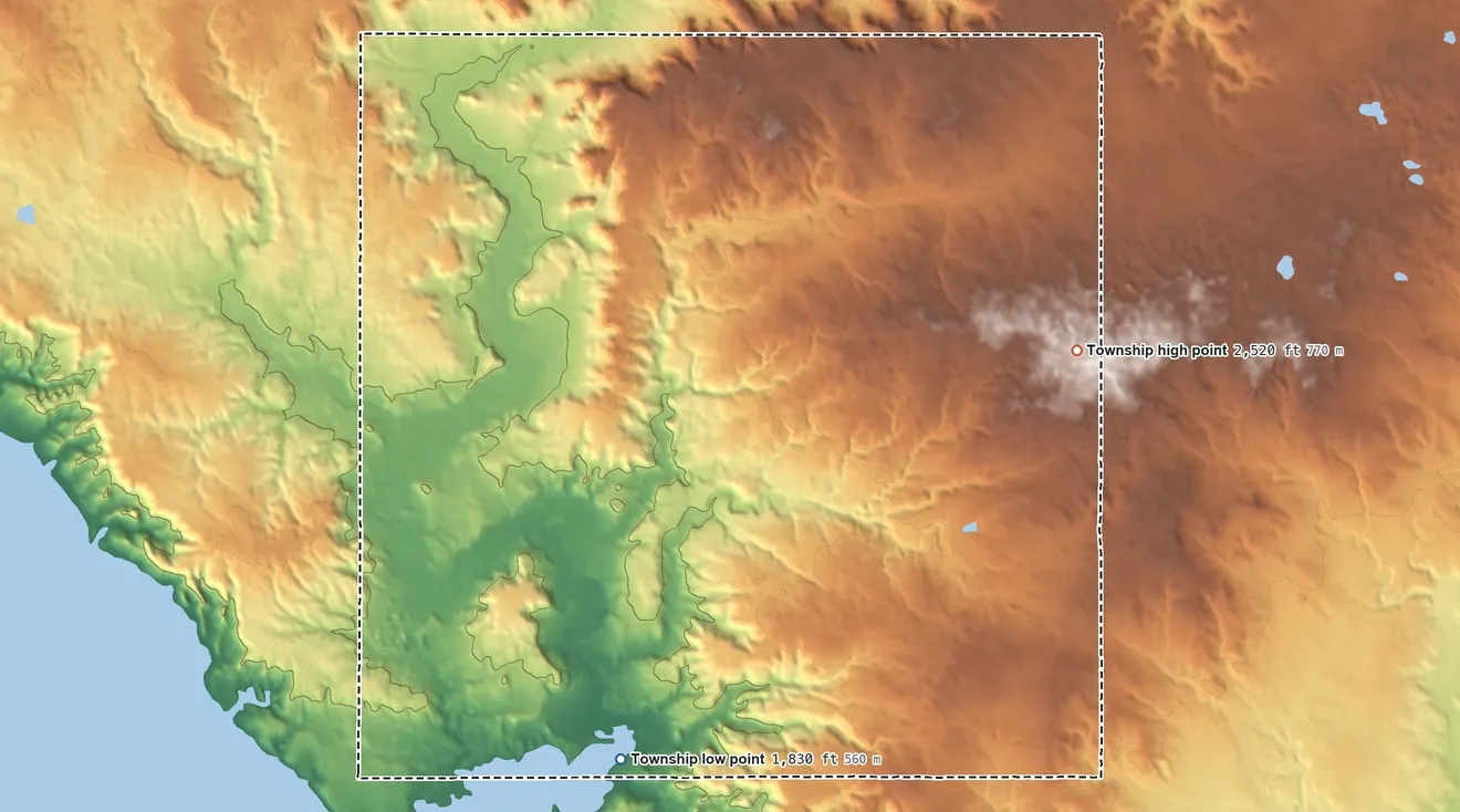 Topographic elevation map of Knife River Township, North Dakota, shaded from 1,830 ft on the south side to 2,520 ft on the east side
