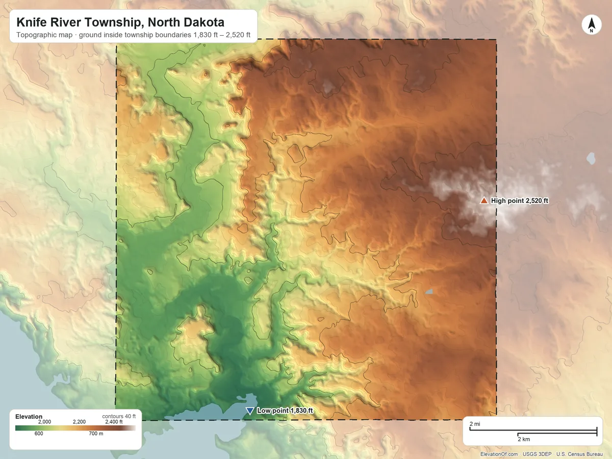 Topographic elevation map of Knife River Township, North Dakota, shaded from 1,830 ft on the south side to 2,520 ft on the east side