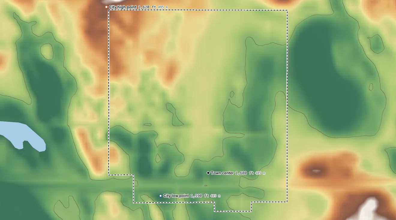 Topographic elevation map of Knox, North Dakota, shaded from 1,590 ft on the southwest side to 1,620 ft on the northwest side