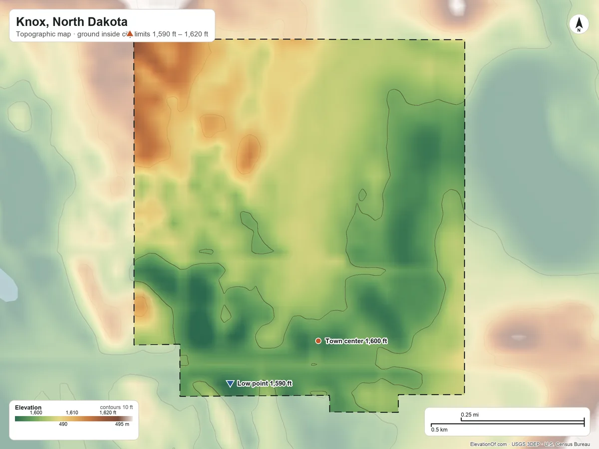 Topographic elevation map of Knox, North Dakota, shaded from 1,590 ft on the southwest side to 1,620 ft on the northwest side