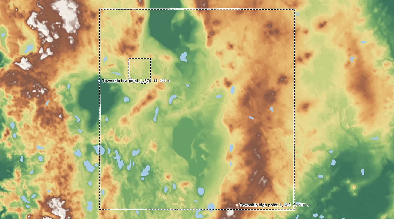 Topographic elevation map of Knox Township, North Dakota, shaded from 1,570 ft on the west side to 1,680 ft on the south side