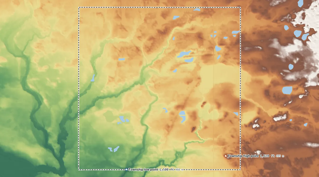 Topographic elevation map of Kohlmeier Township, North Dakota, shaded from 1,500 ft on the southwest side to 1,620 ft on the east side