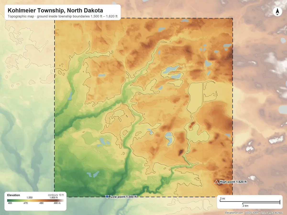 Topographic elevation map of Kohlmeier Township, North Dakota, shaded from 1,500 ft on the southwest side to 1,620 ft on the east side