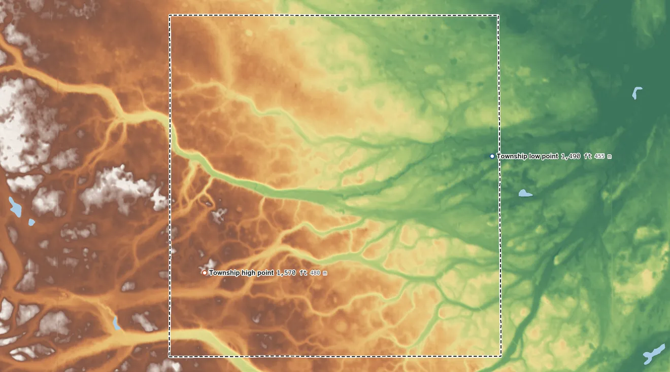 Topographic elevation map of Kottke Valley Township, North Dakota, shaded from 1,490 ft on the east side to 1,570 ft on the southwest side