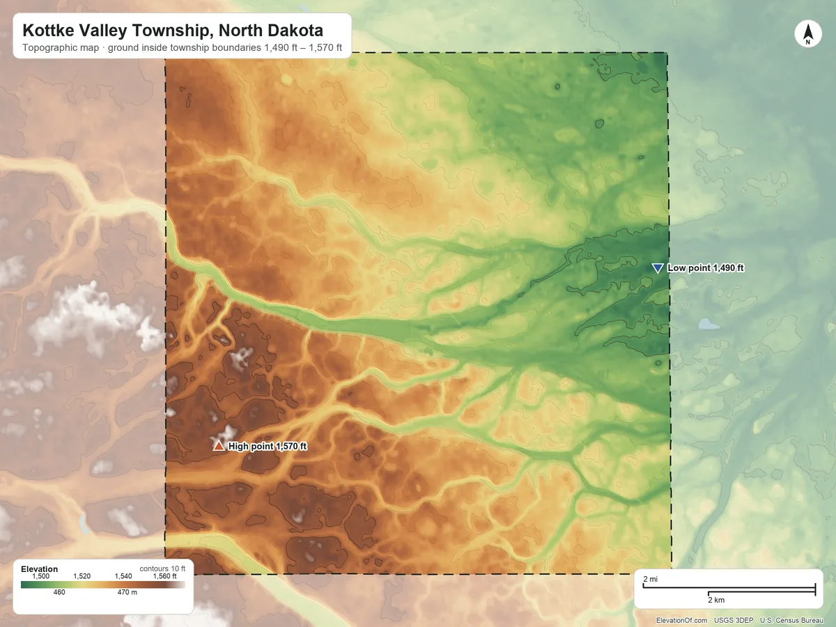 Topographic elevation map of Kottke Valley Township, North Dakota, shaded from 1,490 ft on the east side to 1,570 ft on the southwest side