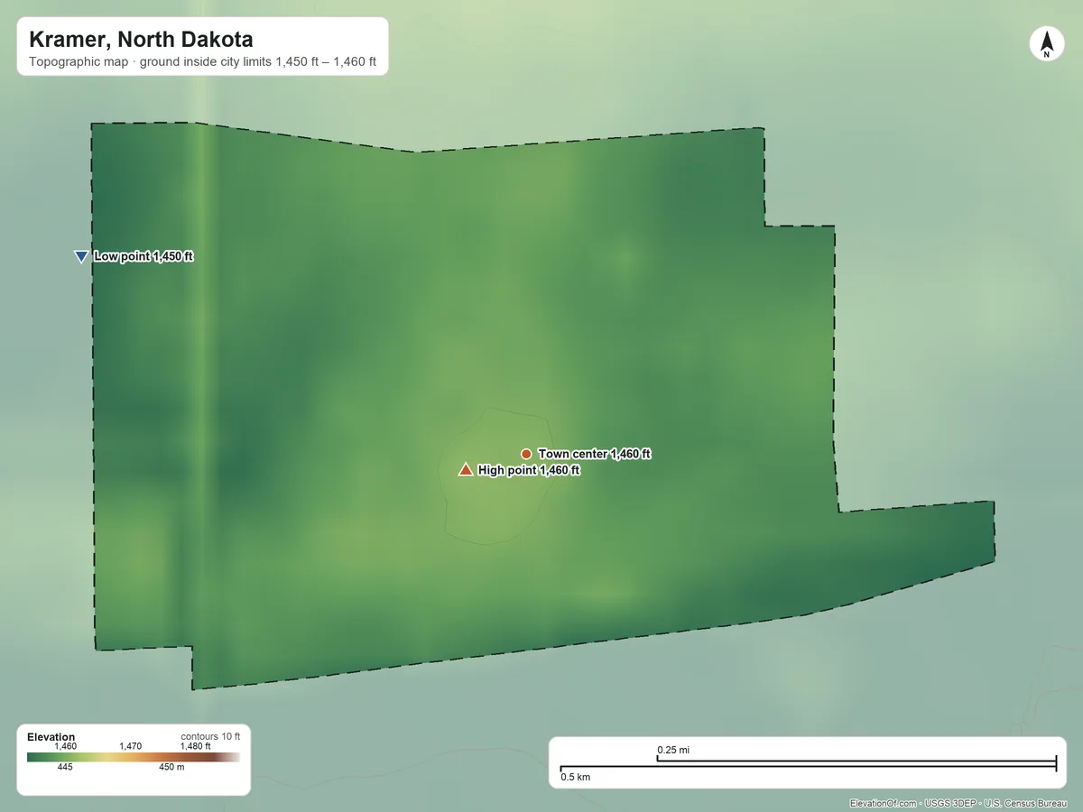 Topographic elevation map of Kramer, North Dakota, shaded from 1,450 ft on the northwest side to 1,460 ft near the middle