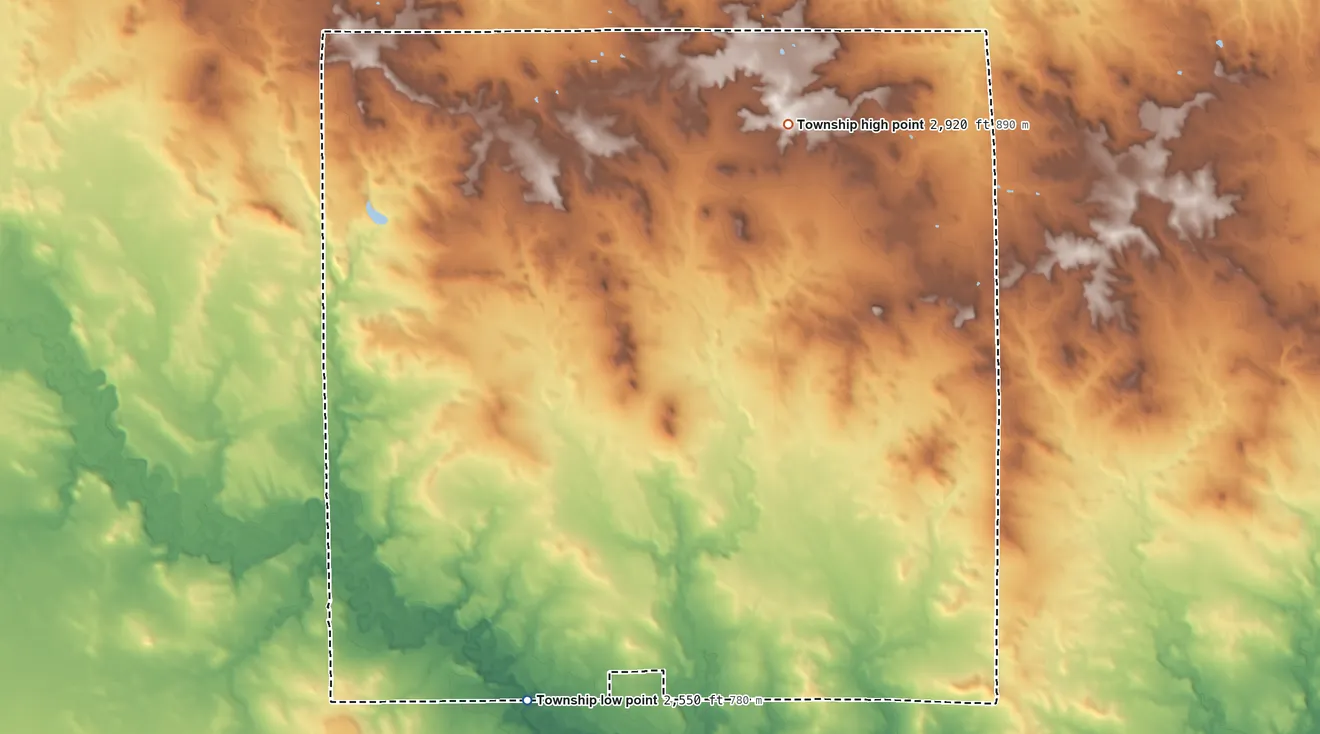 Topographic elevation map of Kunze Township, North Dakota, shaded from 2,550 ft on the south side to 2,920 ft on the northeast side