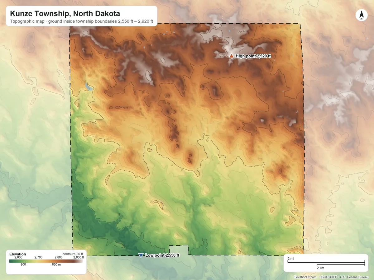 Topographic elevation map of Kunze Township, North Dakota, shaded from 2,550 ft on the south side to 2,920 ft on the northeast side