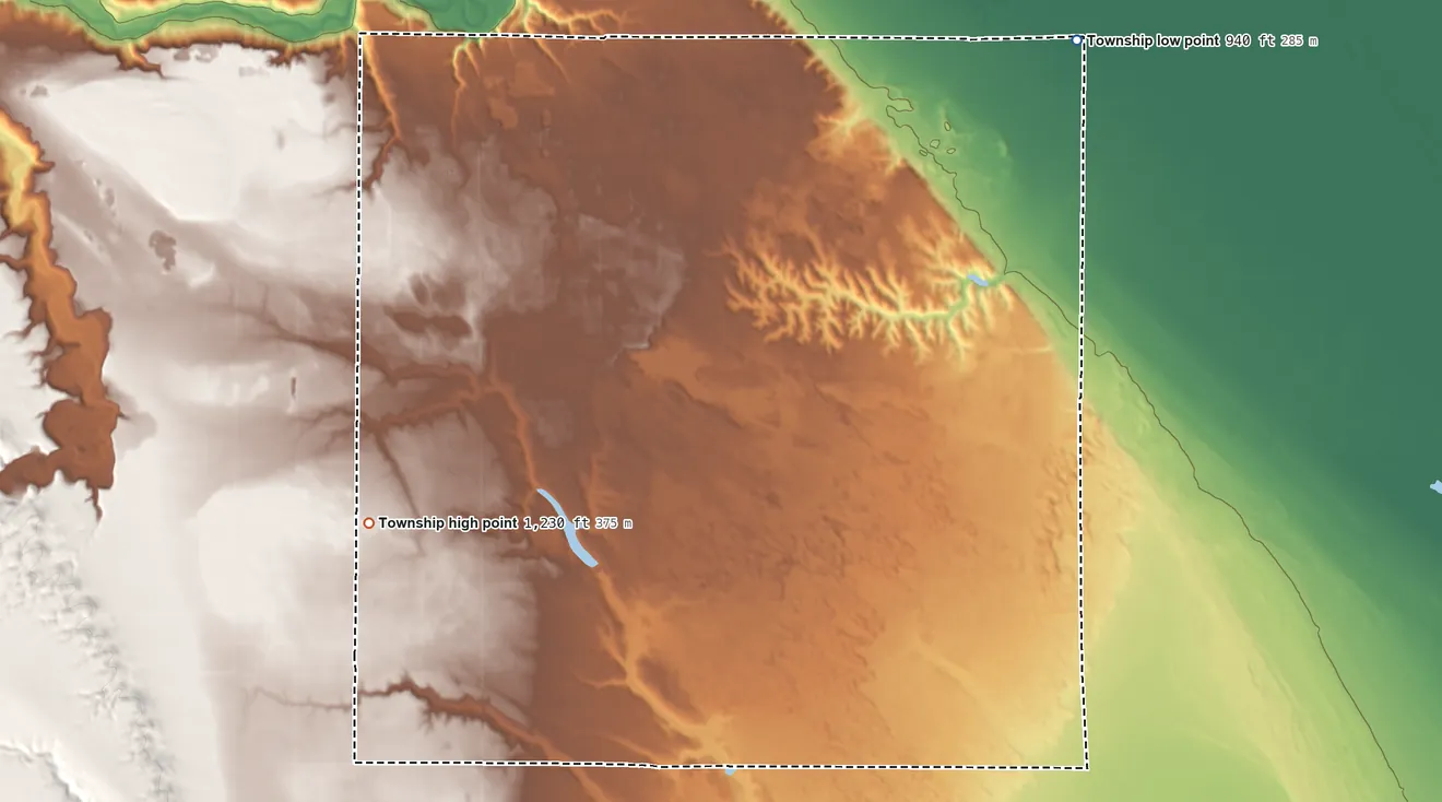 Topographic elevation map of La Moure Township, North Dakota, shaded from 940 ft on the northeast side to 1,230 ft on the southwest side