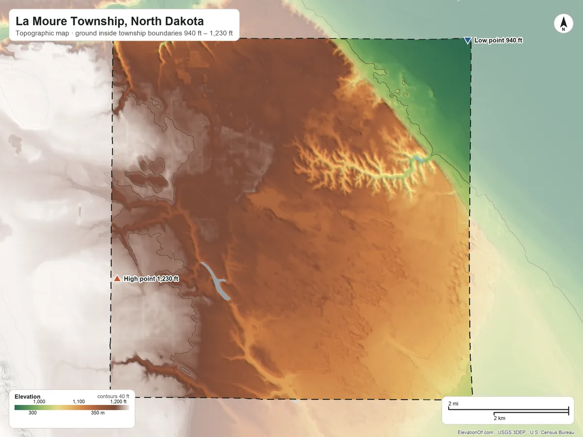 Topographic elevation map of La Moure Township, North Dakota, shaded from 940 ft on the northeast side to 1,230 ft on the southwest side