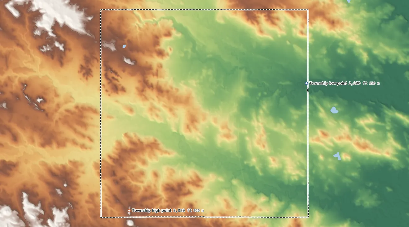 Topographic elevation map of Ladd Township, North Dakota, shaded from 2,800 ft on the northeast side to 3,020 ft on the southwest side