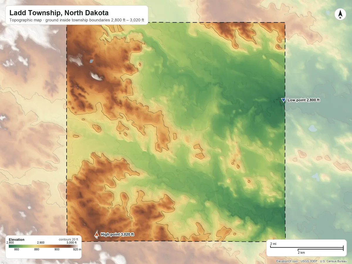 Topographic elevation map of Ladd Township, North Dakota, shaded from 2,800 ft on the northeast side to 3,020 ft on the southwest side