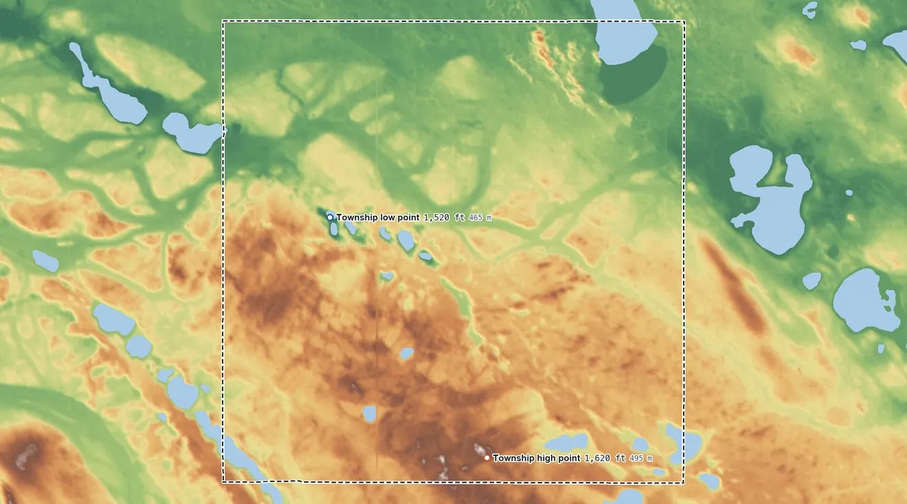 Topographic elevation map of Lake George Township, North Dakota, shaded from 1,520 ft on the northwest side to 1,620 ft on the south side
