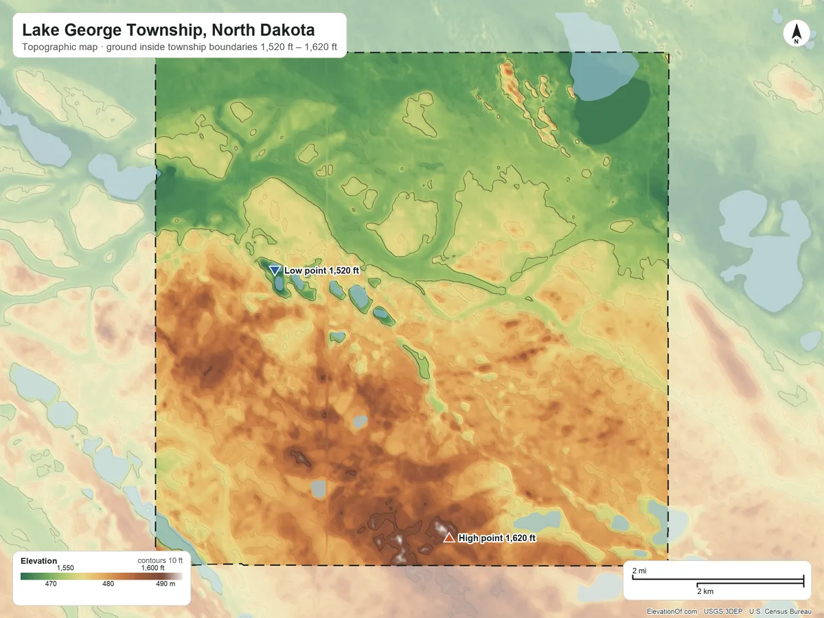 Topographic elevation map of Lake George Township, North Dakota, shaded from 1,520 ft on the northwest side to 1,620 ft on the south side