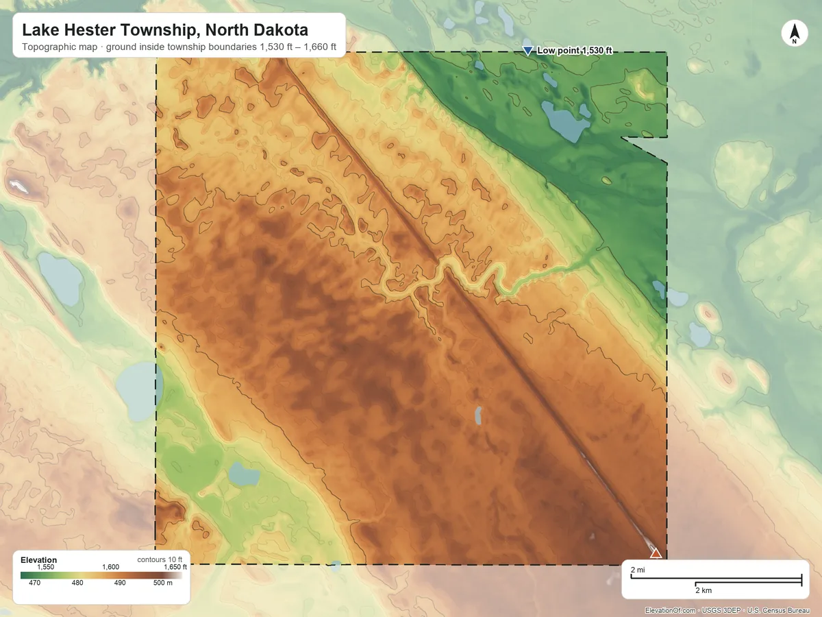 Topographic elevation map of Lake Hester Township, North Dakota, shaded from 1,530 ft on the north side to 1,660 ft on the southeast side