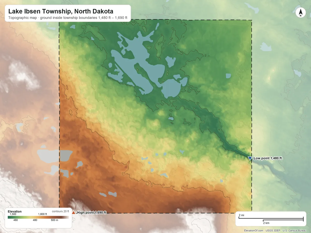 Topographic elevation map of Lake Ibsen Township, North Dakota, shaded from 1,480 ft on the east side to 1,690 ft on the southwest side