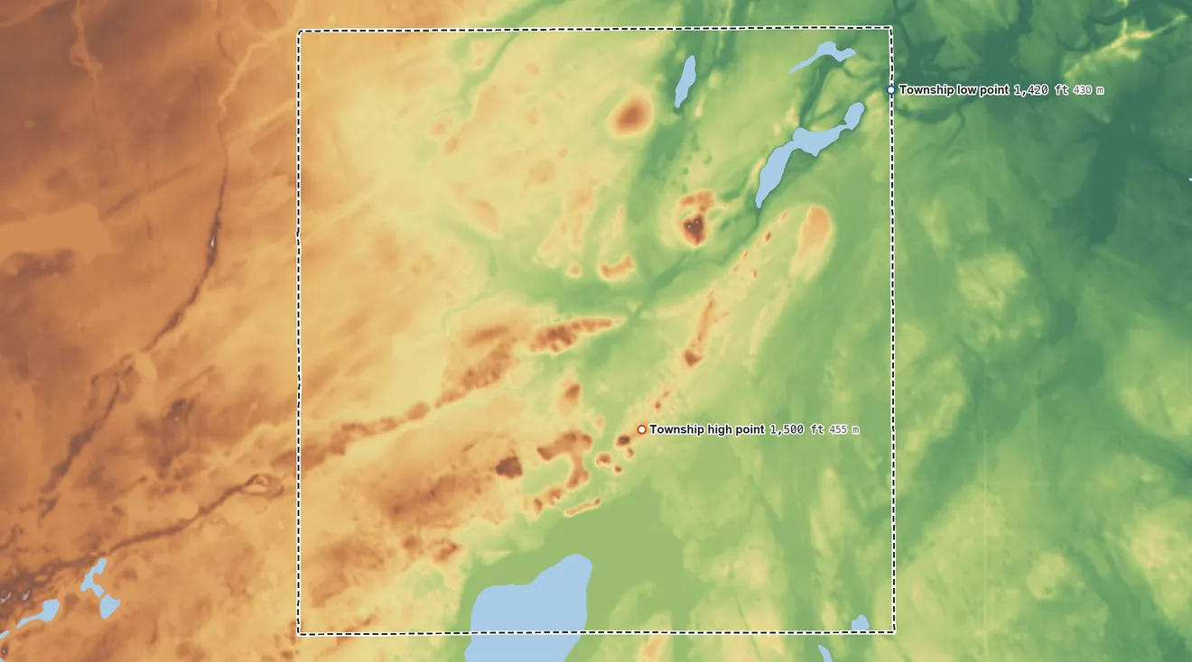 Topographic elevation map of Lake Town Township, North Dakota, shaded from 1,420 ft on the northeast side to 1,500 ft near the middle