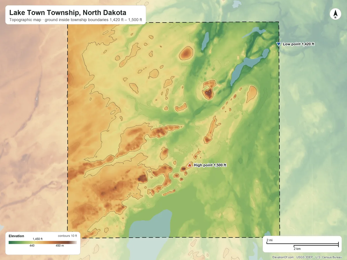 Topographic elevation map of Lake Town Township, North Dakota, shaded from 1,420 ft on the northeast side to 1,500 ft near the middle