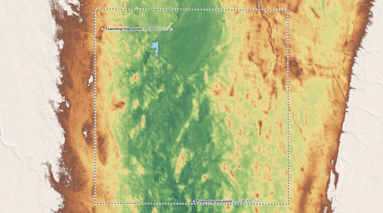 Topographic elevation map of Lake Township, North Dakota, shaded from 1,150 ft on the south side to 1,190 ft on the west side