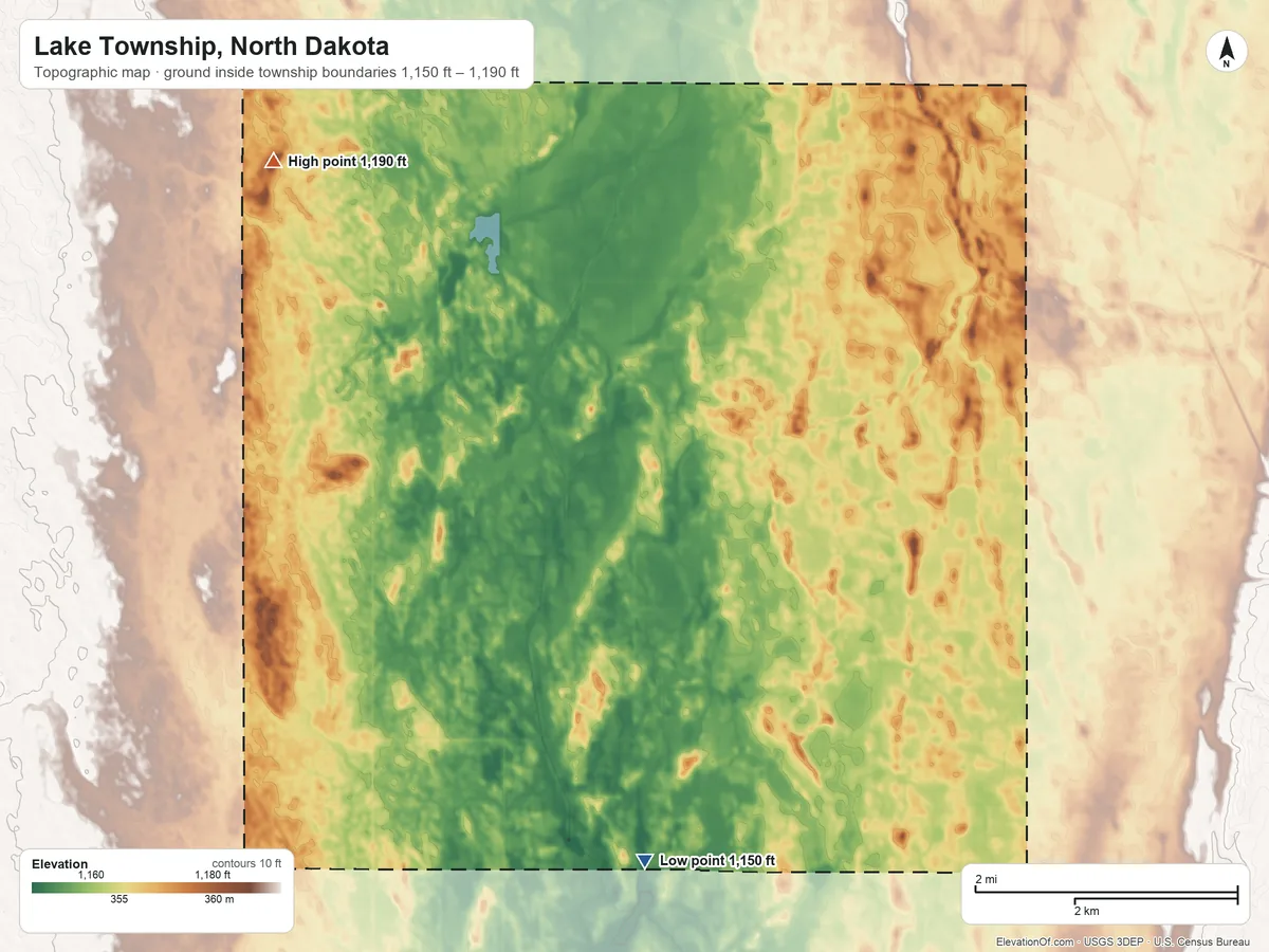 Topographic elevation map of Lake Township, North Dakota, shaded from 1,150 ft on the south side to 1,190 ft on the west side