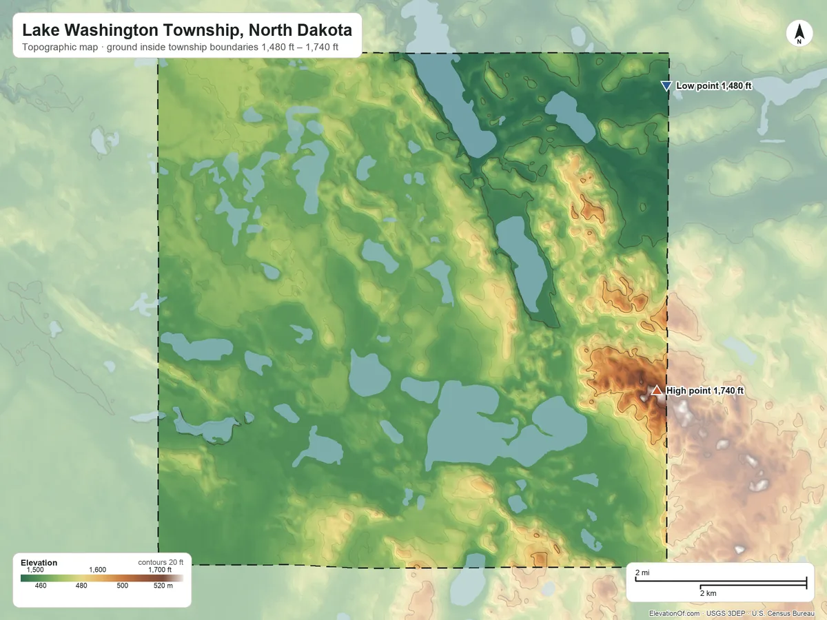 Topographic elevation map of Lake Washington Township, North Dakota, shaded from 1,480 ft on the northeast side to 1,740 ft on the east side