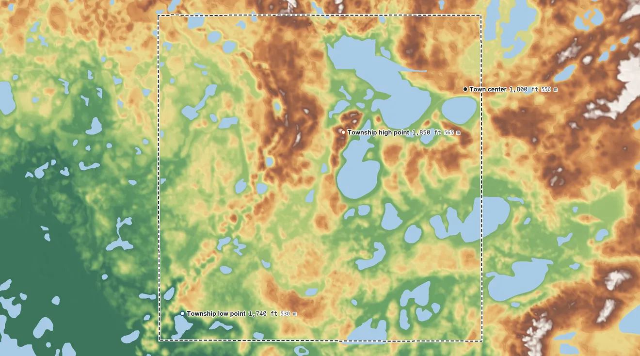 Topographic elevation map of Lake Williams Township, Kidder County, North Dakota, shaded from 1,740 ft on the southwest side to 1,850 ft on the west side