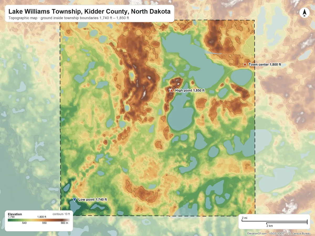 Topographic elevation map of Lake Williams Township, Kidder County, North Dakota, shaded from 1,740 ft on the southwest side to 1,850 ft on the west side