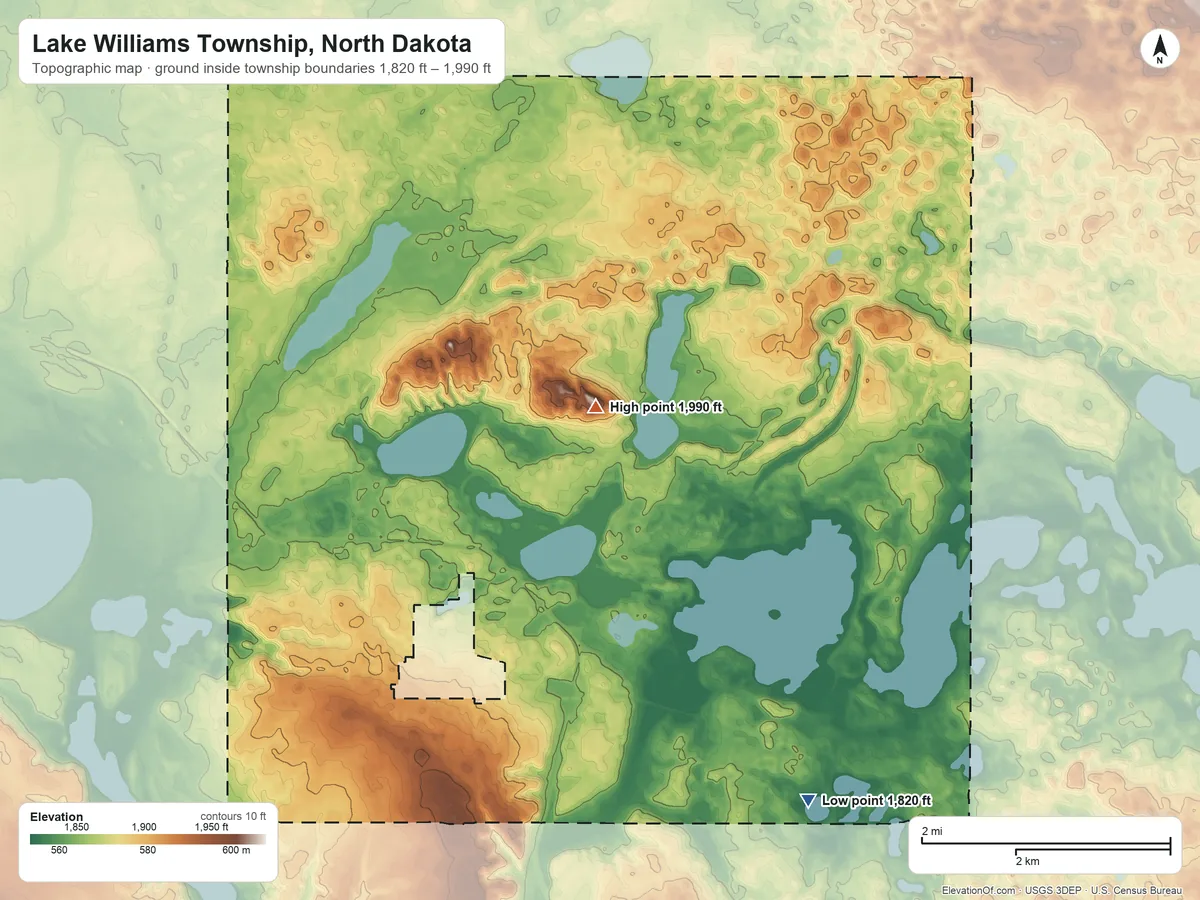 Topographic elevation map of Lake Williams Township, North Dakota, shaded from 1,820 ft on the southeast side to 1,990 ft near the middle