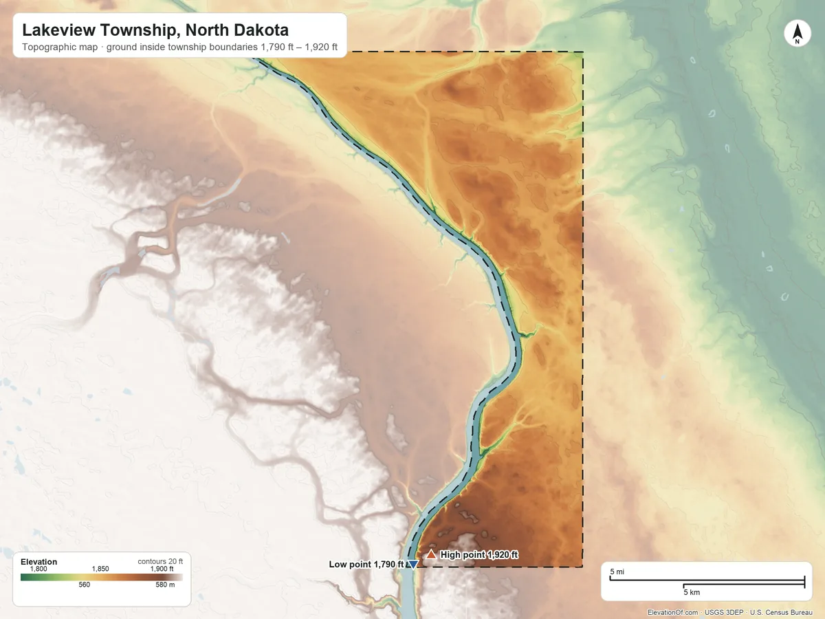 Topographic elevation map of Lakeview Township, North Dakota, shaded from 1,790 ft on the southwest side to 1,920 ft on the southwest side