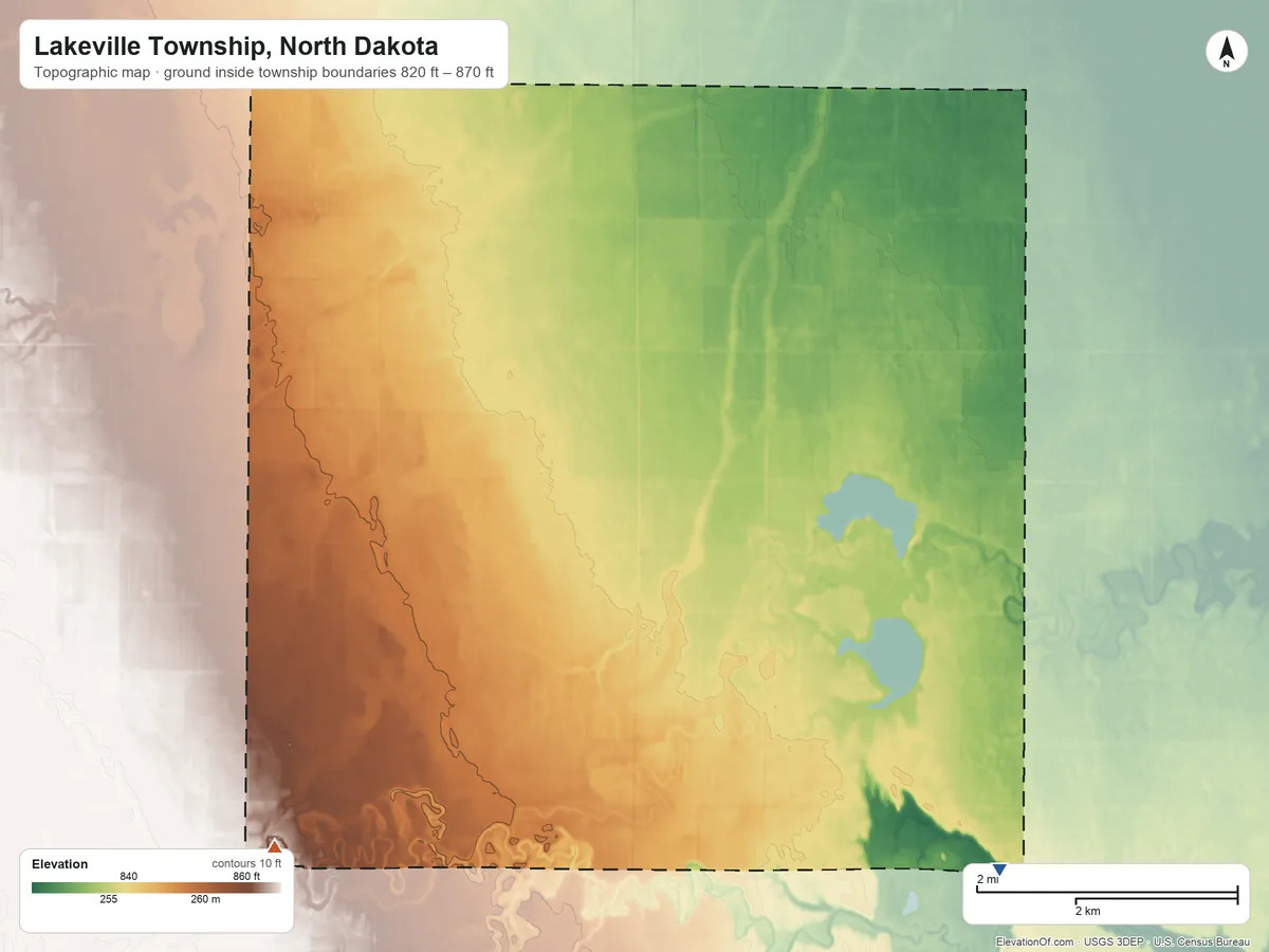 Topographic elevation map of Lakeville Township, North Dakota, shaded from 820 ft on the southeast side to 870 ft on the southwest side