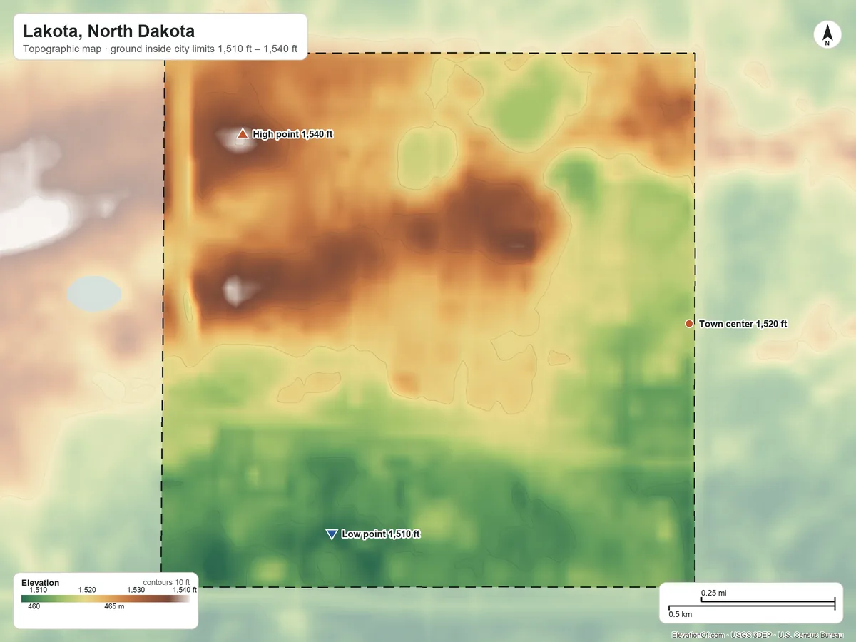 Topographic elevation map of Lakota, North Dakota, shaded from 1,510 ft on the southwest side to 1,540 ft on the northwest side