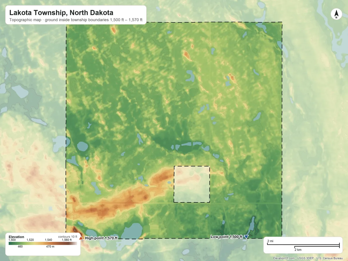 Topographic elevation map of Lakota Township, North Dakota, shaded from 1,500 ft on the southeast side to 1,570 ft on the southwest side