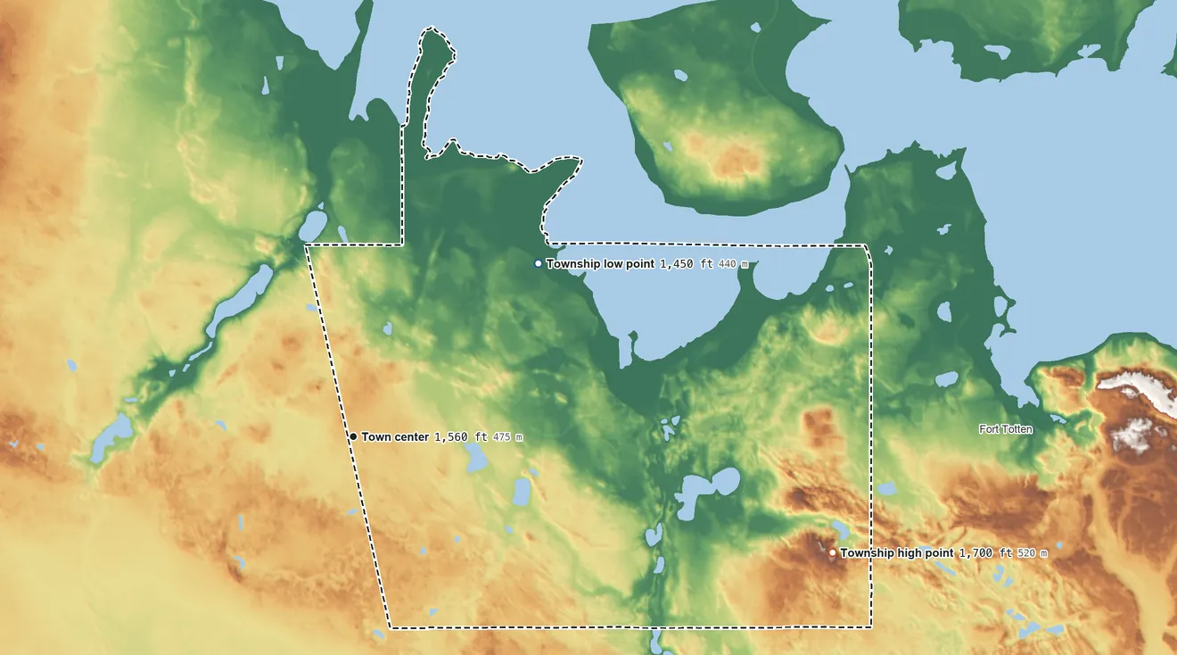 Topographic elevation map of Lallie Township, North Dakota, shaded from 1,450 ft on the northeast side to 1,700 ft on Crow Hill
