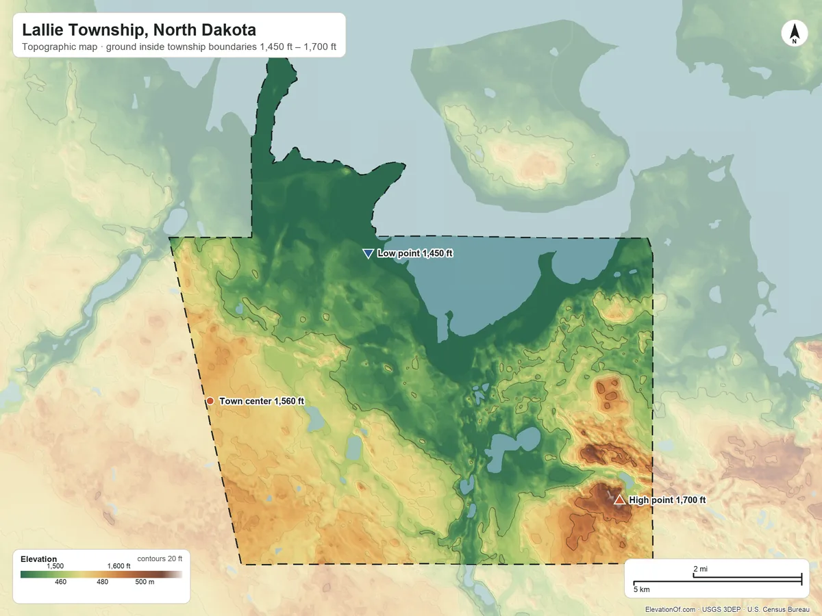 Topographic elevation map of Lallie Township, North Dakota, shaded from 1,450 ft on the northeast side to 1,700 ft on Crow Hill